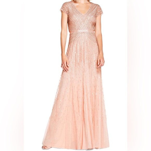 Adrianna Papell Women's Beaded V-Neck Dress with Cap Sleeves and Waistband. - Picture 7 of 7